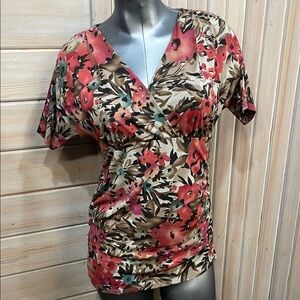 Motherhood Ruched Wrap Blouse in Pink and Brown